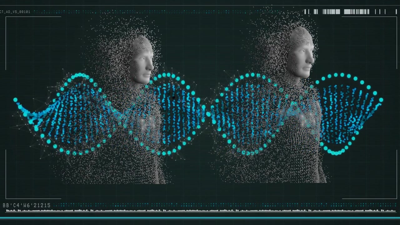 Animação de uma fita de DNA e processamento de dados com corpos humanos formados por partículas explodindo.