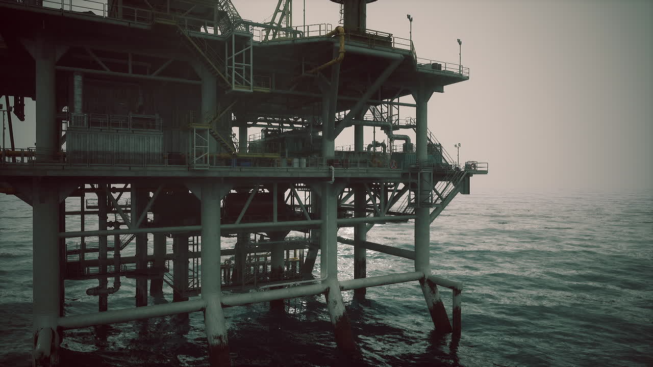 Oil rig stands tall over calm waters during a hazy day