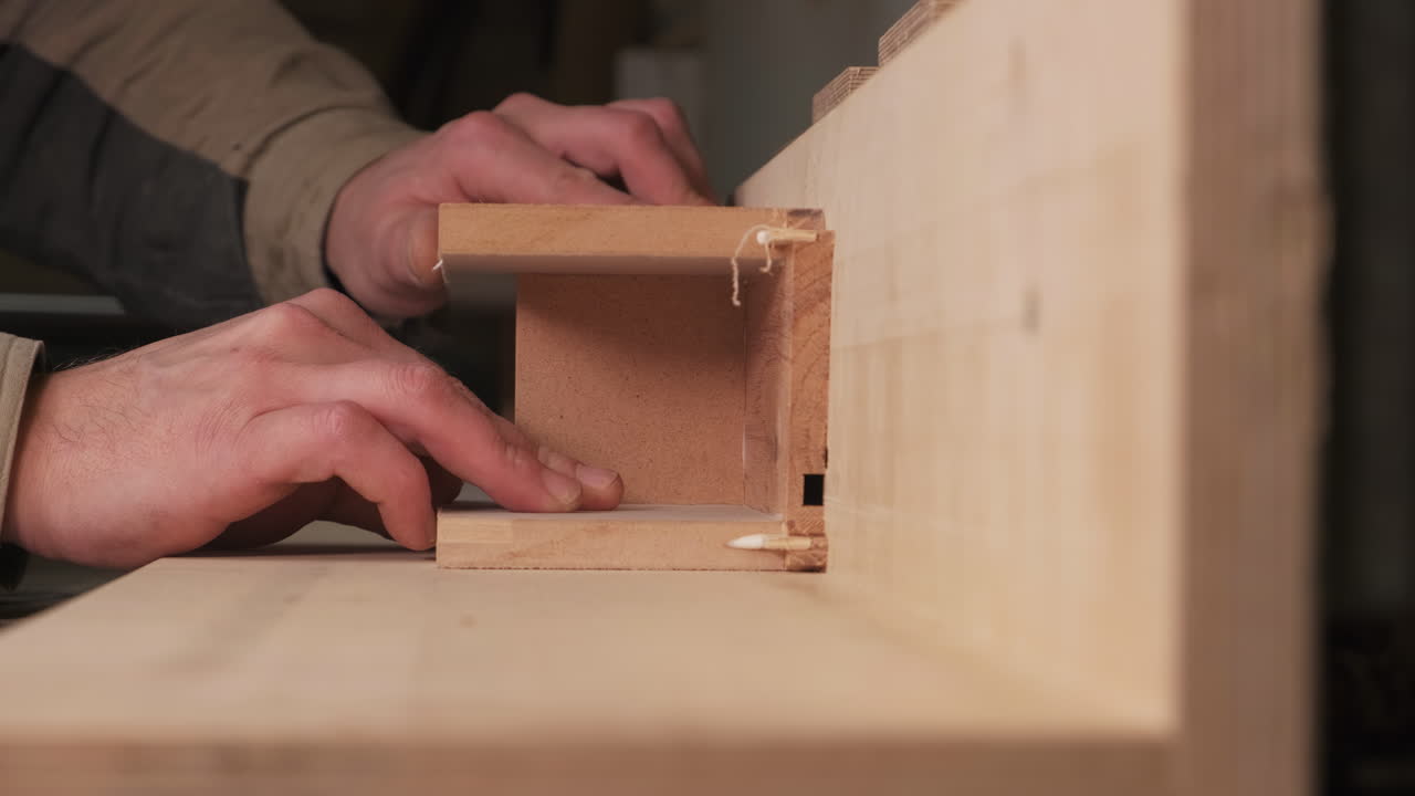 carpintero que ensambla piezas de madera en un banco de trabajo