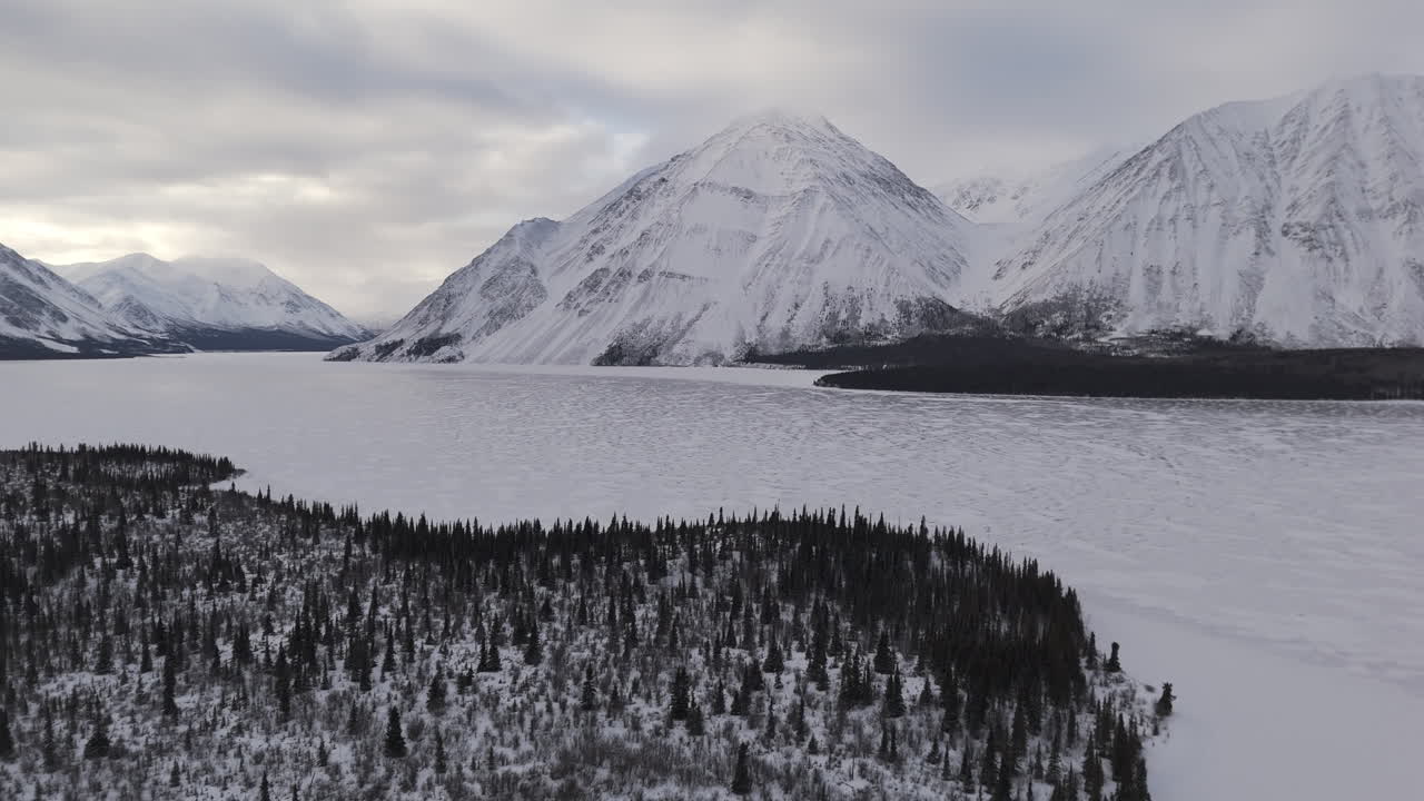Frozen Waters Of Kathleen Lake In Kluane National Park And Reserve, Yukon, Canada. Aerial Wide Shot