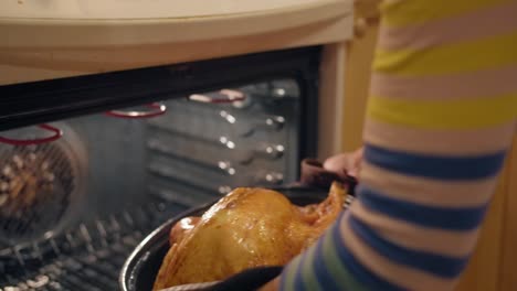 placing an uncooked thanksgiving turkey into an oven in slow motion 4k