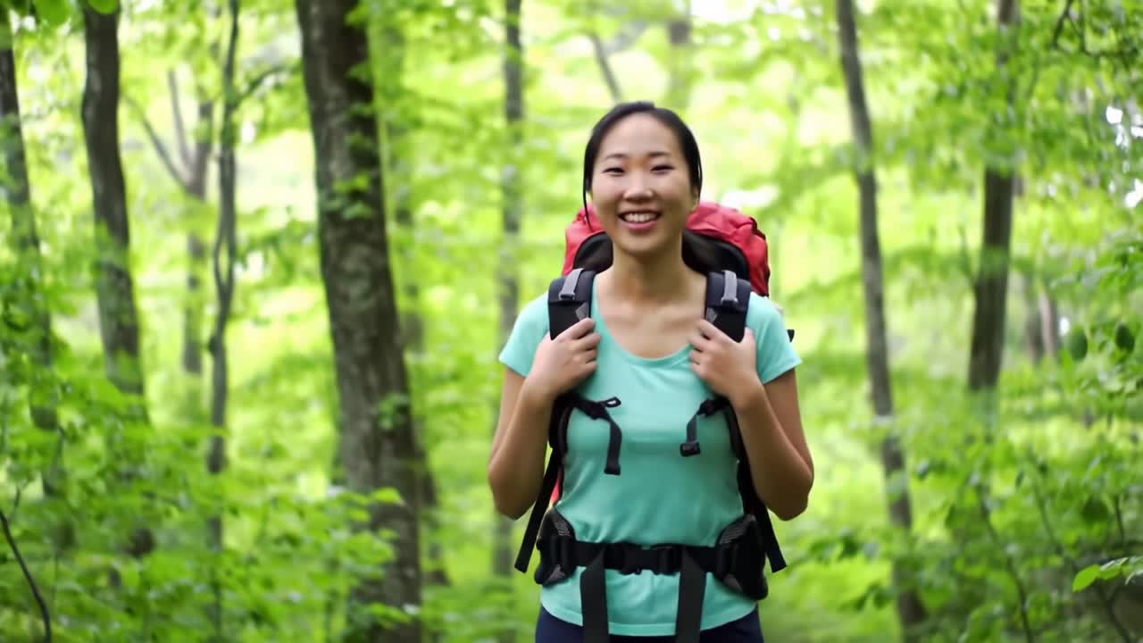 Smiling Hiker Explores a Lush Forest Trail in the Summer Season