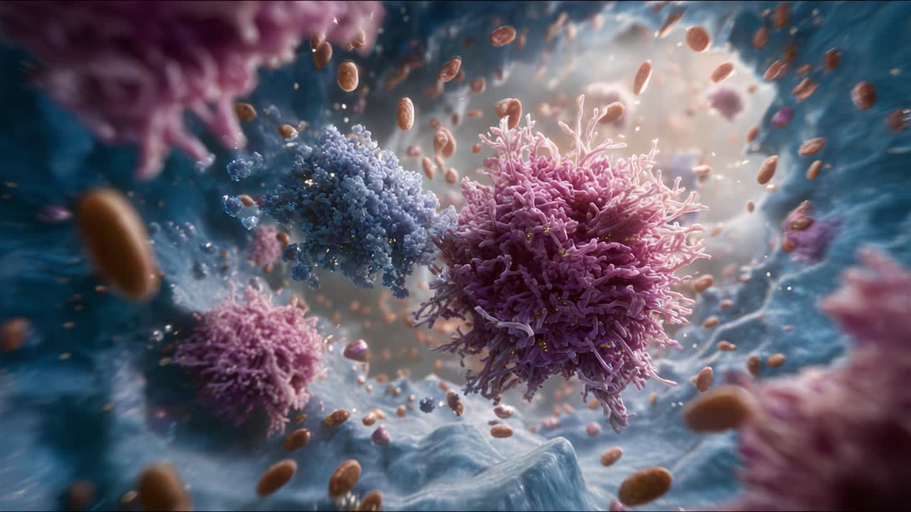 Intricate Cellular Universe: A Stunning Visualization of Immune Cells in Action, Capturing the Dance of Life Within the Microscopic Realm of Microbiology