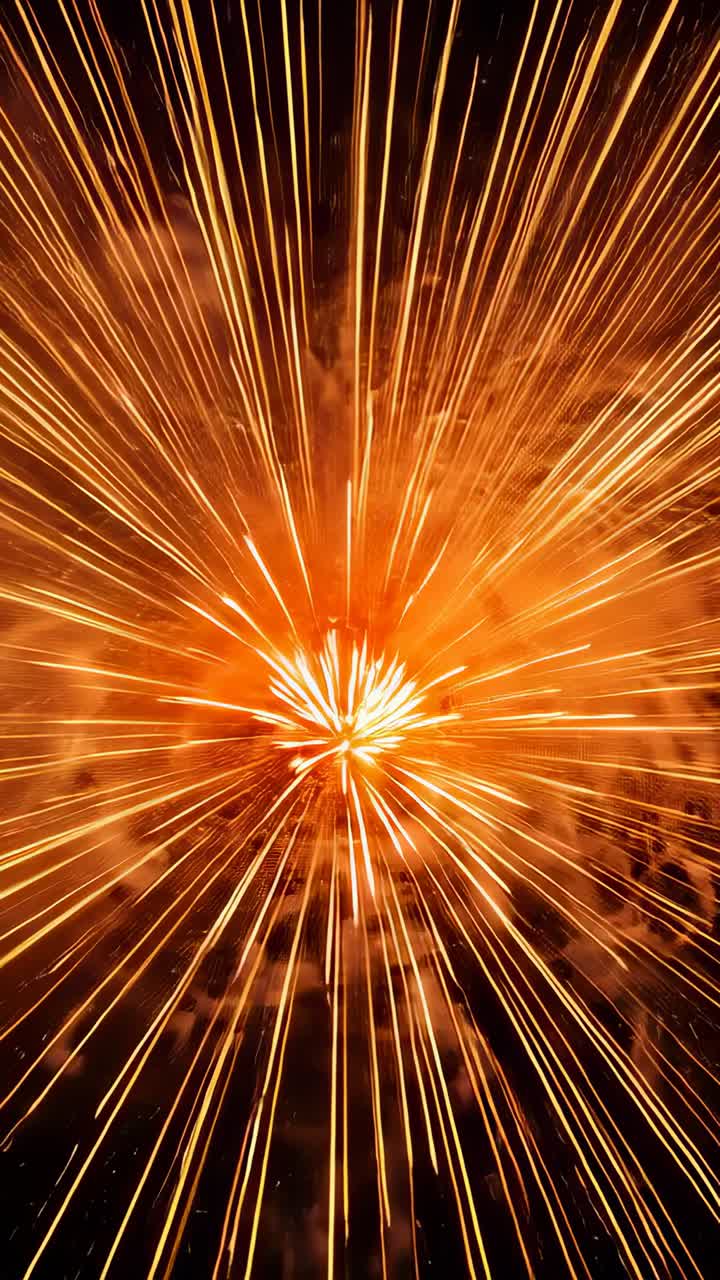 Vertical video: Launching burst after bright core forming, sending golden trails across night sky