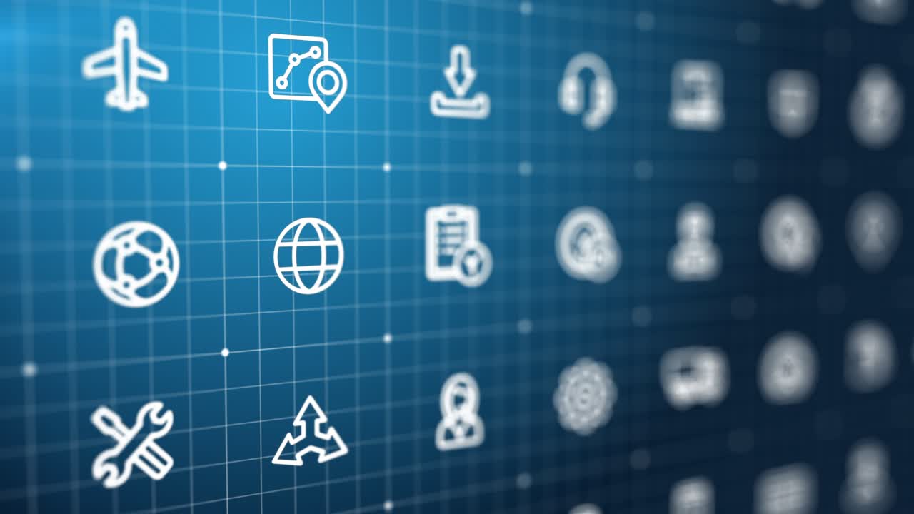 4K Abstract 3d animation. Global logistic, distribution, delivery service background. Interaction system, grid concept. Transport, cargo, export, import line icons move, swipe on screen. Seamless loop