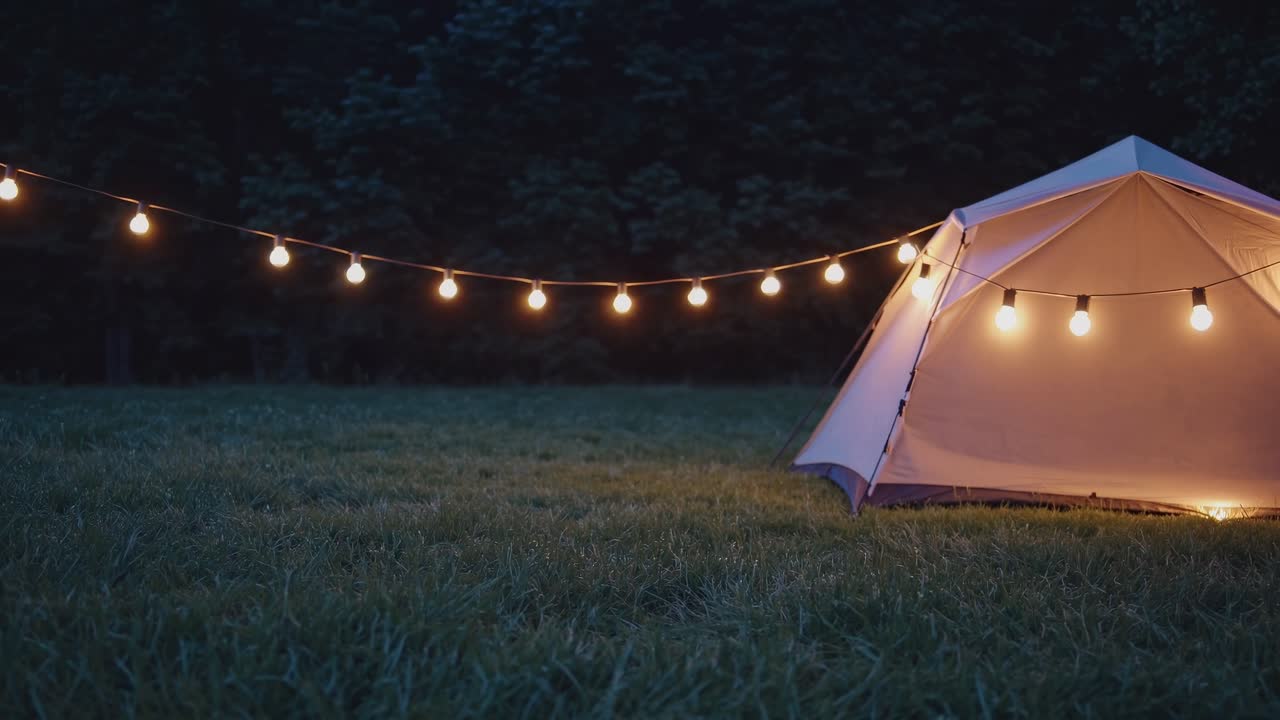 Glowing string lights illuminate a tent nestled in a grassy meadow, creating a magical and inviting ambiance for a nighttime camping experience