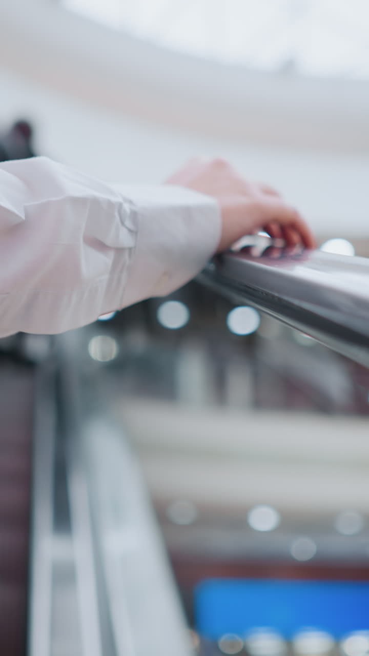 крупный план руки женщины, опирающейся на эскалатор, когда она движется вверх в современном торговом центре, она носит белую рубашку и джинсы с телефоном, видимым в заднем кармане