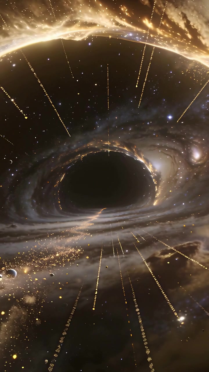 Video verticale: Zoom che mostra un vuoto centrale che attira flussi verso l'interno nello spazio per gravità, con un disco d'oro.