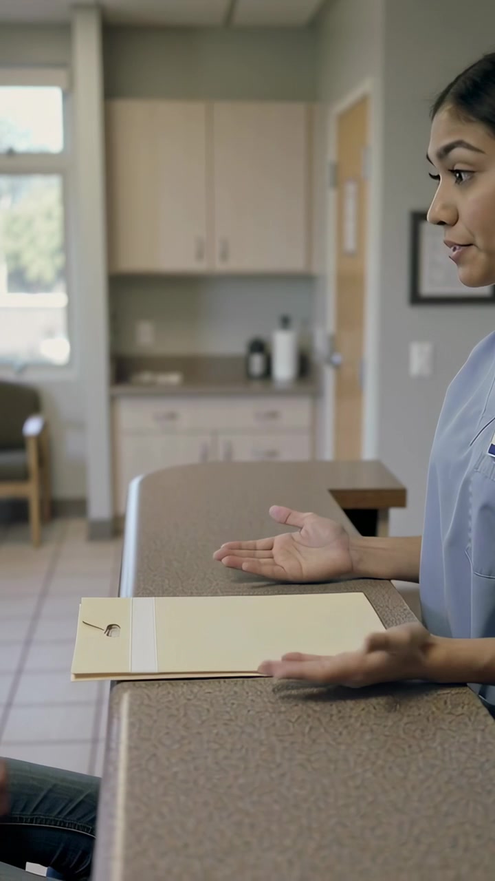 Vertical video: Placing file, receptionist in scrubs explaining forms to sign at clinic, copy space