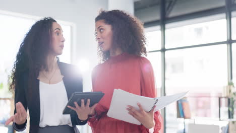 tablet, teamwork and business women in office