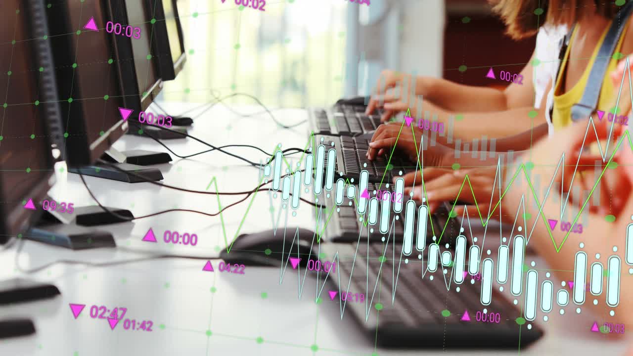 animación del procesamiento de datos sobre escolares que utilizan computadoras.