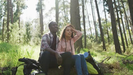 Smiling-diverse-couple-sitting-and-embracing-in-countryside