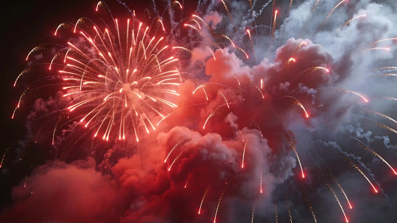 Bursting aerial shells filling night sky with red bursts, glowing smoke and falling sparks for show