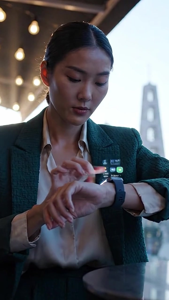 A professional woman in a green blazer checks her smartwatch while seated at a cafe, highlighting the blend of technology and everyday life in an urban setting.