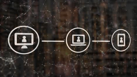 animation of network of connections with icons over server room