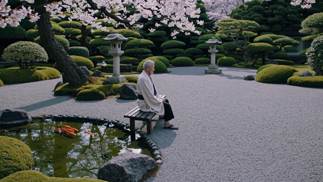 Serena scena di un giardino con una persona seduta su una panchina, circondata da fiori di ciliegio