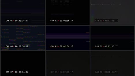 multiple camera feed with glitches and green screen
