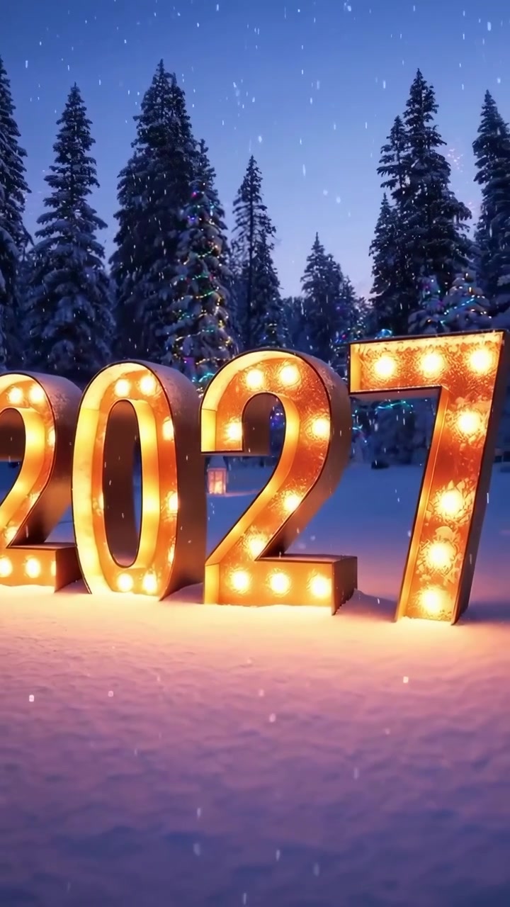 Insegna illuminata 2027 in una foresta invernale innevata