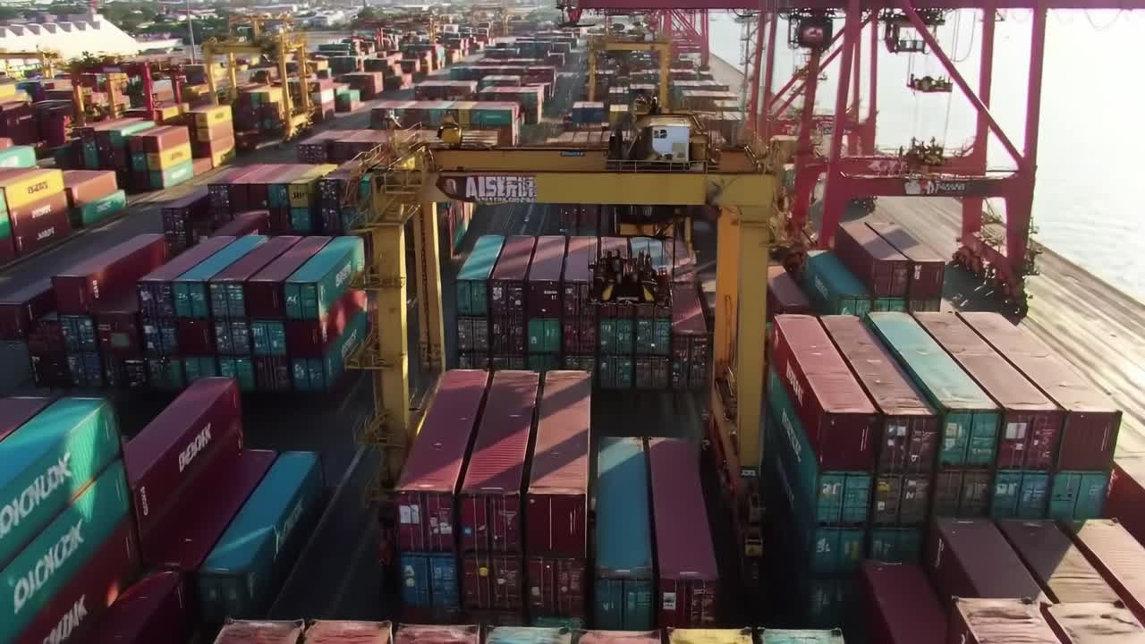 Large cargo containers crowded at a bustling port illustrate the intricate logistics of shipping. Cranes operate efficiently as vessels prepare to load or unload goods during daylight hours.