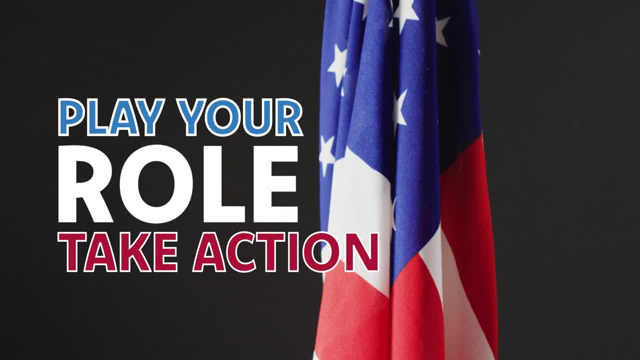 Animation of play your role, take action text and american flag on black background