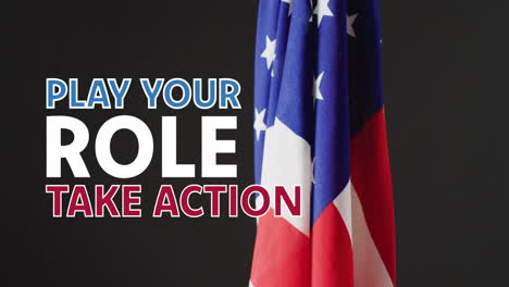 animation of play your role, take action text and american flag on black background