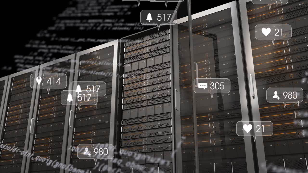 Animation of data processing and media icons over server room