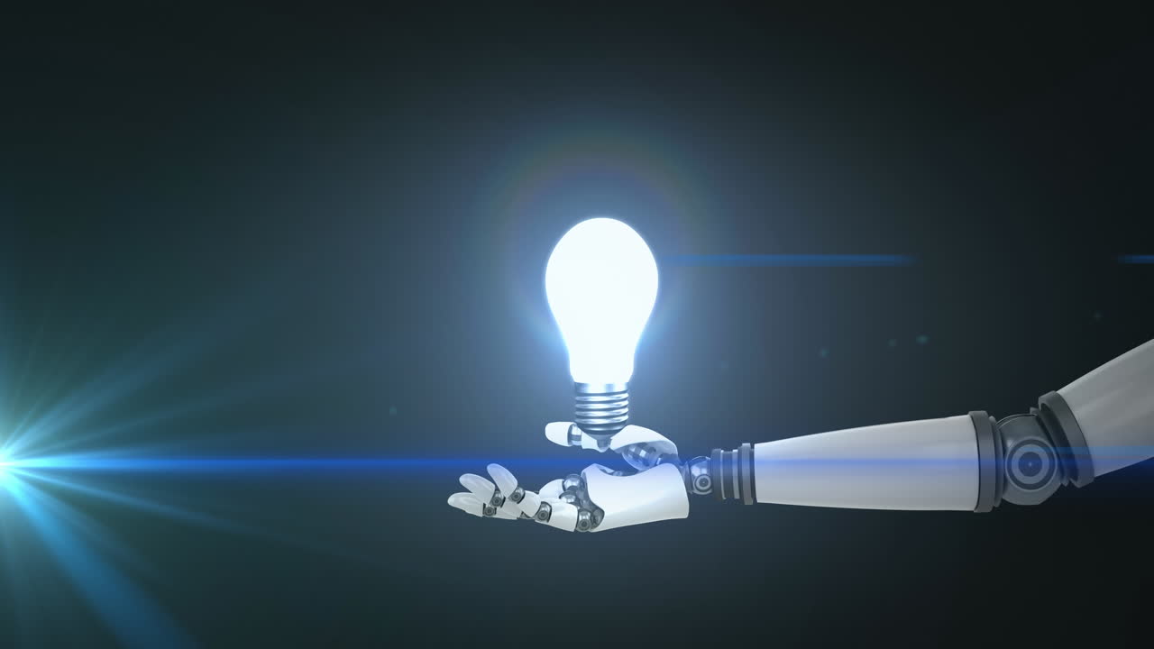 Animation of illuminated light bulb over hand of robot arm, with moving light on dark background
