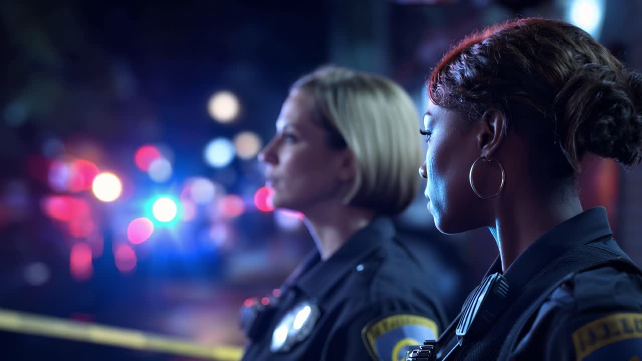 Two officers stand at night, alert and focused. Red and blue lights flash behind them, blurred and urgent. Yellow tape marks the crime scene's perimeter. They stare ahead, expressions serious