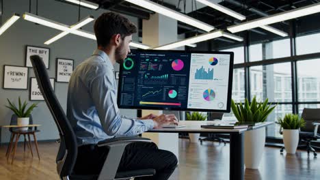 businessman analyzing data dashboards in modern office