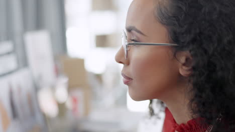 reading, glasses and business woman in office