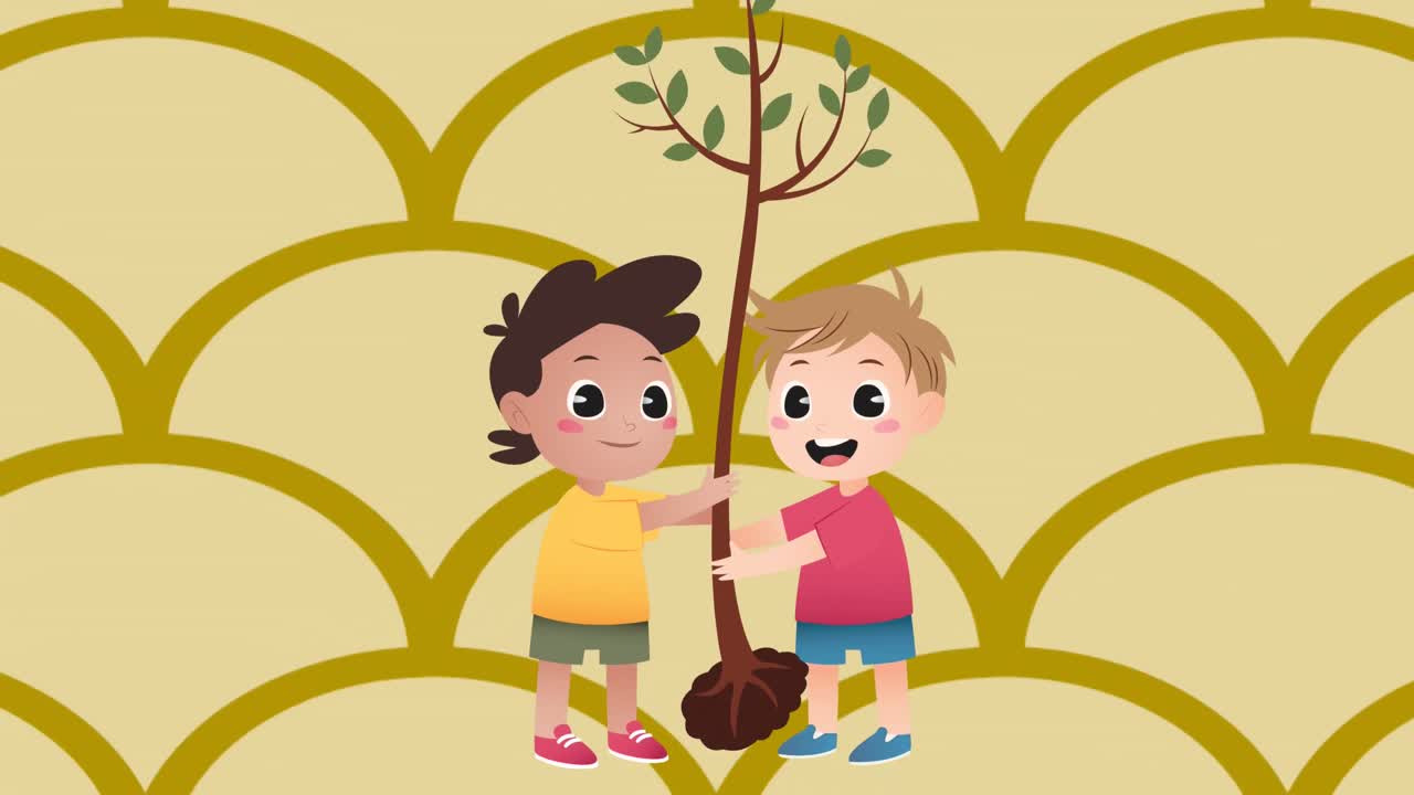 animación de la ilustración de dos niños felices plantando un árbol, sobre el patrón de curva dorada de desplazamiento