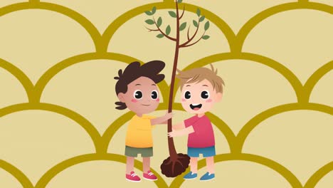 Animation-of-illustration-of-two-happy-boys-planting-tree,-over-scrolling-gold-curve-pattern