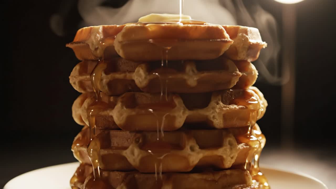 Stack of waffles with syrup and butter