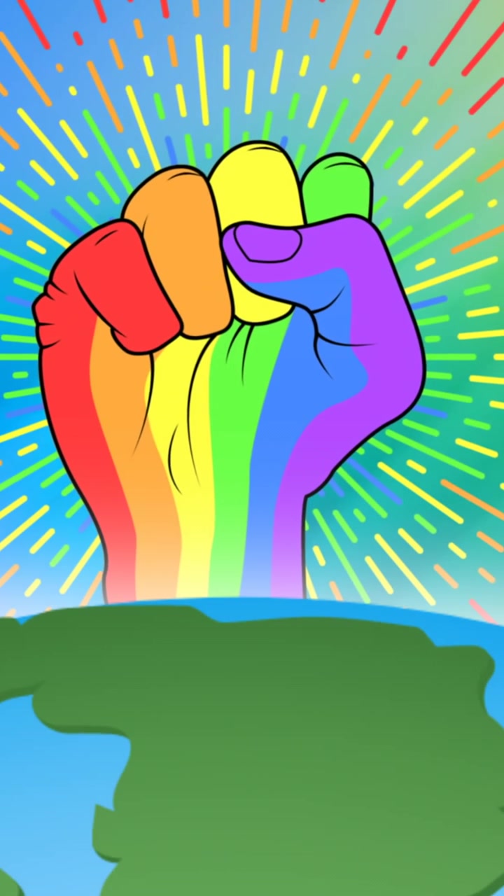 Animation of rainbow fist over globe on rainbow background