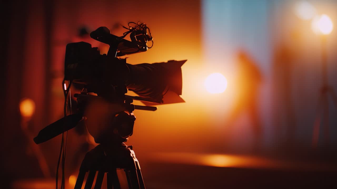 Imagen nítida de una cámara profesional en silueta sobre un cálido fondo naranja y azul con figuras borrosas en movimiento, perfecta para entusiastas del cine o la fotografía