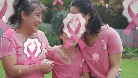 Animation-of-pink-breast-cancer-ribbons-over-happy-multi-generation-asian-women-embracing-in-garden
