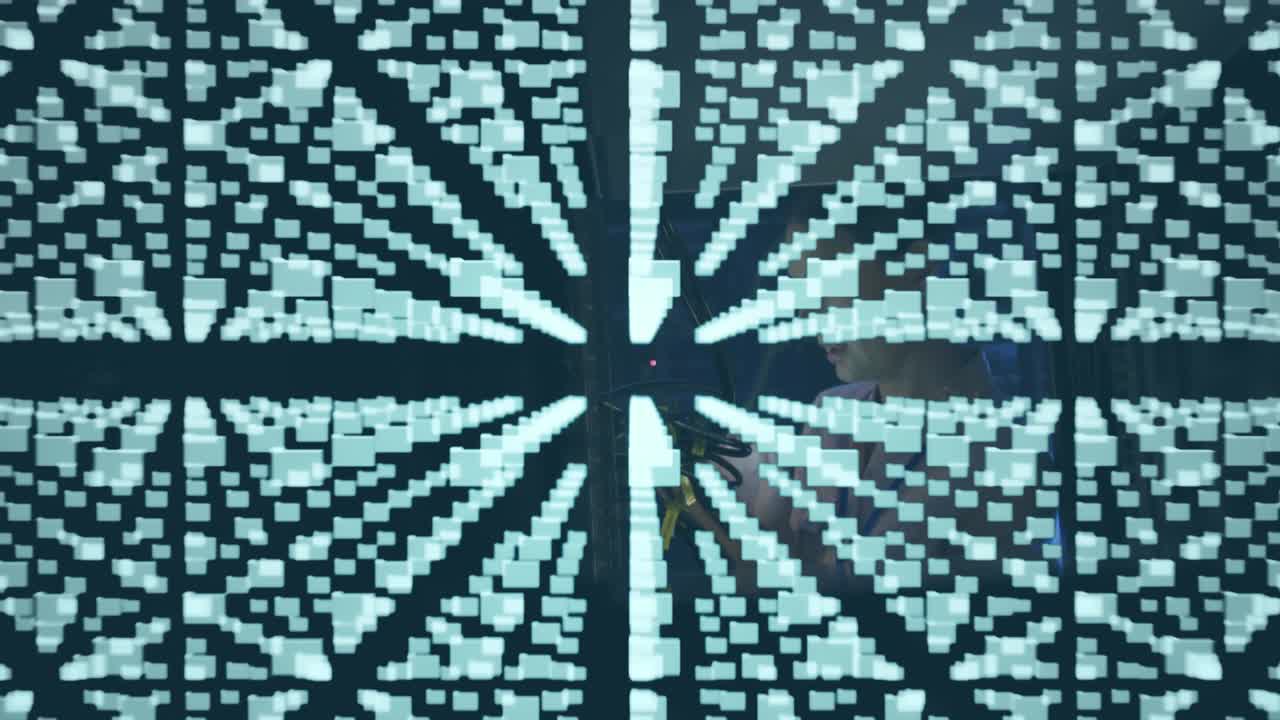 Animation of data over caucasian female if technician using tablet by computer server