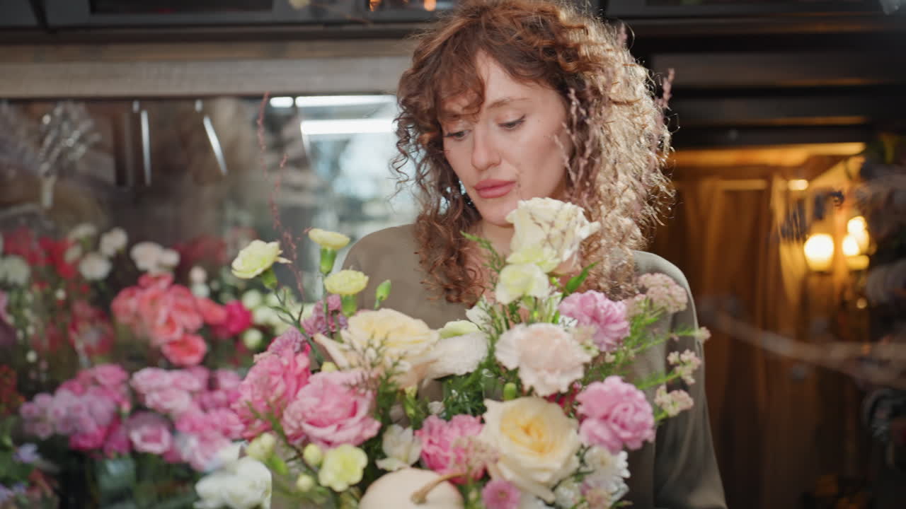 Fiorista che sistema un bouquet in vetrina, donna riccia che modella con cura rose pastello e verde, luce naturale soffusa e vetro riflettente, ritratto intimo di proprietaria di piccola attività con espressione concentrata.