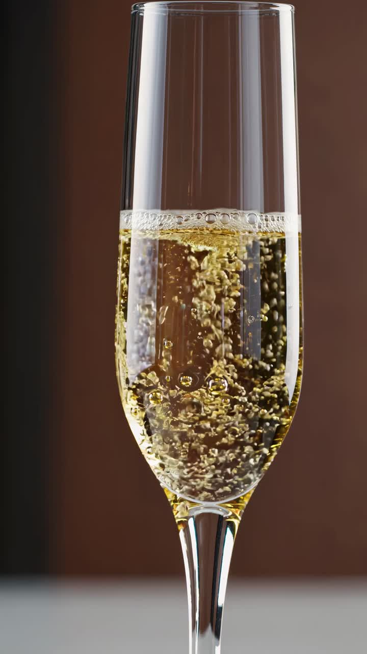 Close-up video of a champagne flute with bubbling liquid, shot at eye level, capturing the elegance