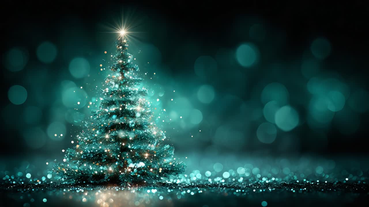 A Majestic Christmas Tree Illuminated with Sparkling Lights and Vibrant Bokeh Effects, Creating a Magical Holiday Atmosphere in a Dreamlike Setting