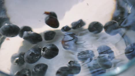 top view of vortex swirling water in glass bowl with fresh blueberries spinning around being cleaned. ripe fruit high in magnesium and fibre. healthy eating food footage