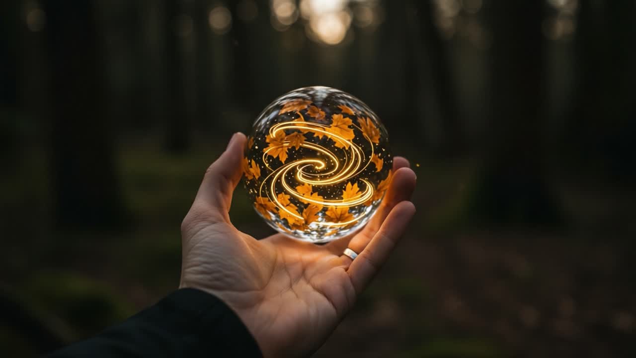 A Glowing Orb of Light and Energy Displaying a Spiraling Fire Design in an Enchanted Forest Environment, Captured in Two Mesmerizing Frames