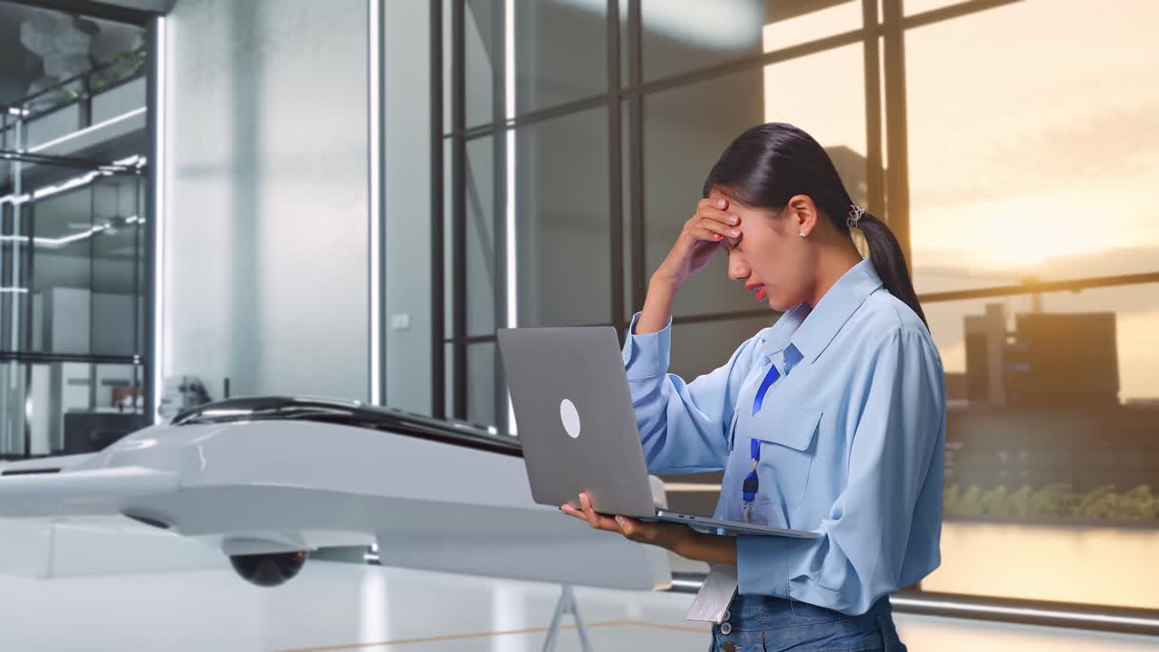 아시아 여성 직업 노동자가 드론 프로젝트와 하이테크 산업 시설을 가진 노트북을 사용하고 있으며, 그녀는 실망스럽게 머리를 흔들고 있습니다.