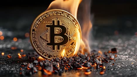 burning bitcoin coin amidst embers