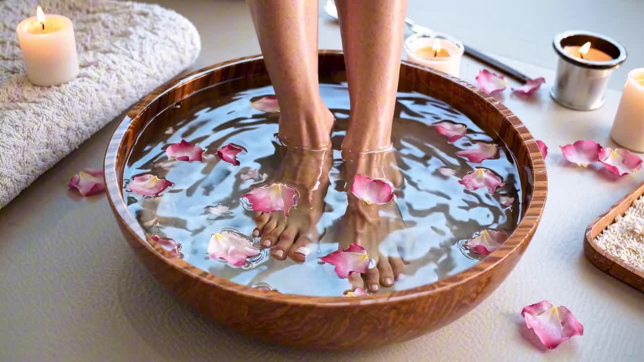 Top-down video shot of feet soaking in a wooden bowl with pink rose petals, conveying relaxation