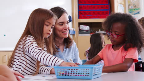 female elementary school teacher helping two girls in class