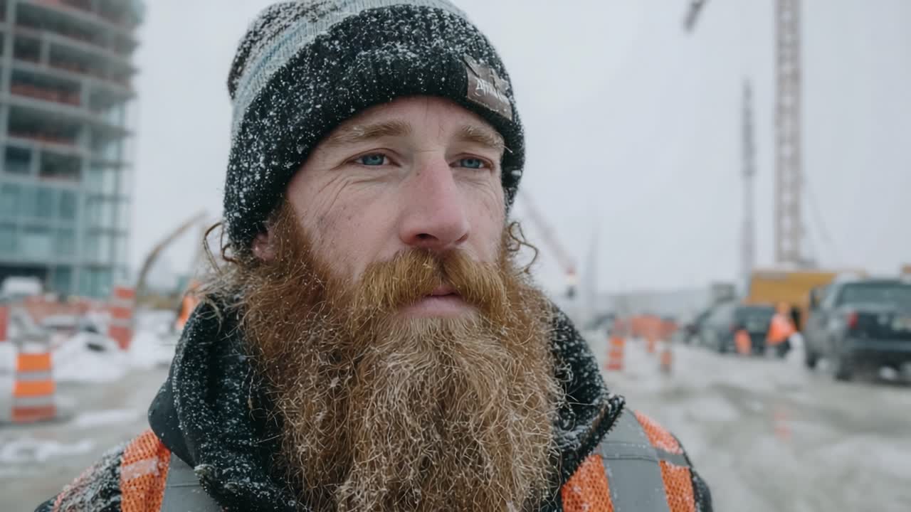 A determined construction worker stands resiliently amid a heavy snowstorm, showcasing grit and determination while surrounded by a challenging work environment