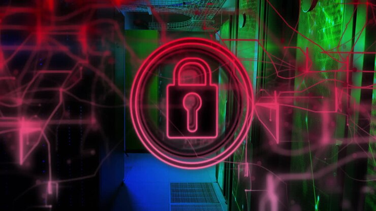 Animation of padlock icon over server room