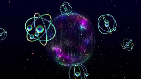 Animation-Von-Sich-Drehenden-Atommodellen-Und-Globus-Auf-Schwarzem-Hintergrund