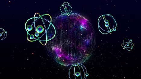 animación de modelos atómicos girando y globo con fondo negro